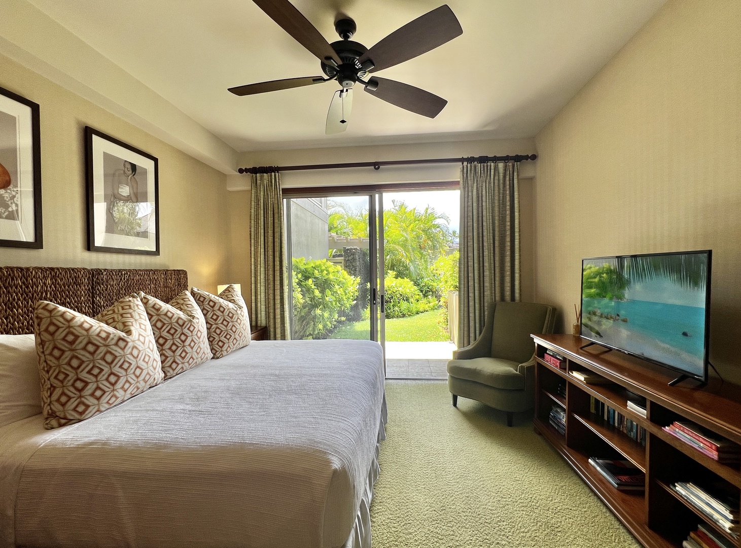 Kailua Kona Vacation Rentals, 3BD Ke Alaula (210B) Villa at Hualalai Resort - Guest Room #2 (Lower Level) has a King bed that can be converted into two twins upon request, flat screen television, private patio & adjacent full bath.