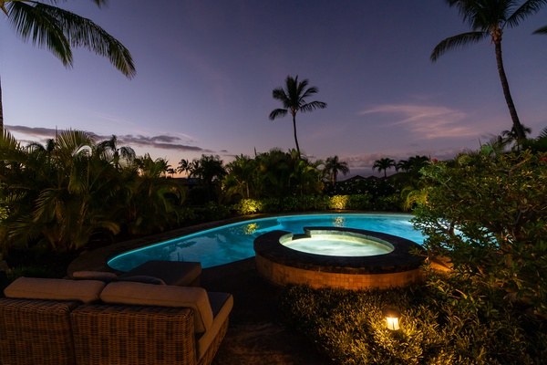 Kamuela Vacation Rentals, Canoe House & Beach Walker at Champion Ridge - Unwind in the spa or take a dip in the pool under the evening sky.