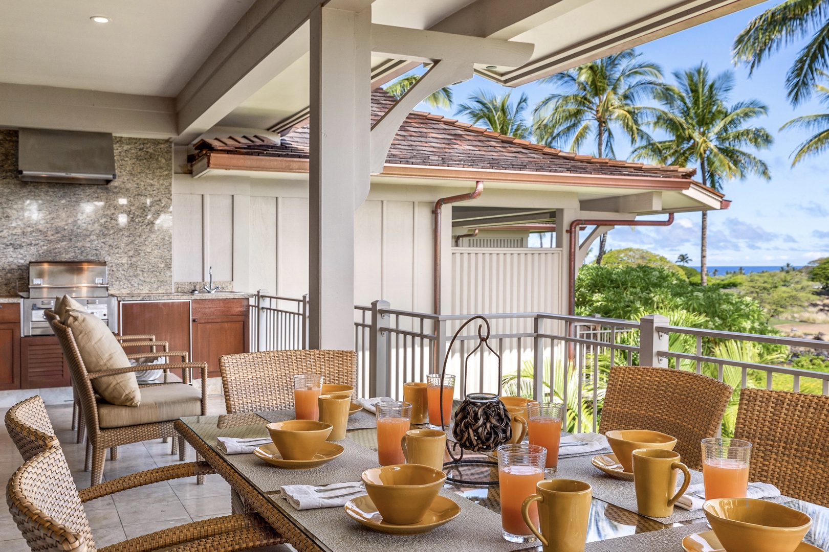 Kailua Kona Vacation Rentals, 3BD Ka'Ulu Villa (131C) at Four Seasons Resort at Hualalai - Year round ocean and sunset views from the main lanai with dining table for six, lounge chairs and BBQ grill.