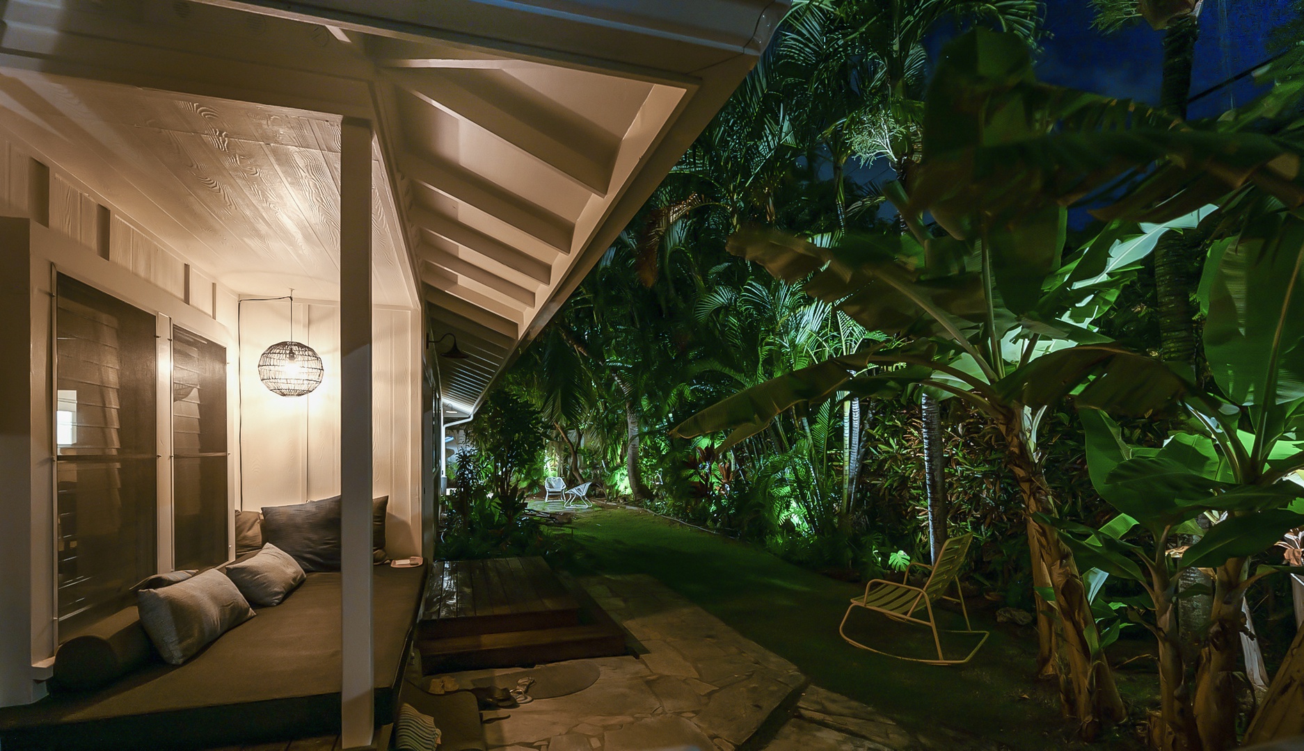 Kailua Vacation Rentals, Lanikai Ola Nani - Nestled in nature, our outdoor daybed invites peaceful evenings under the stars—surrounded by palms and garden serenity.