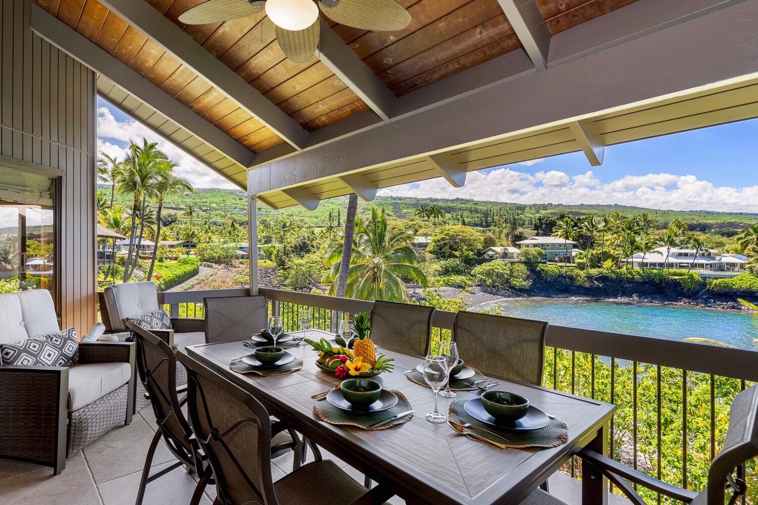 Kailua Kona Vacation Rentals, Kanaloa at Kona 3303 - Savor meals on the lanai with beautiful views of the bay, perfect for outdoor dining.