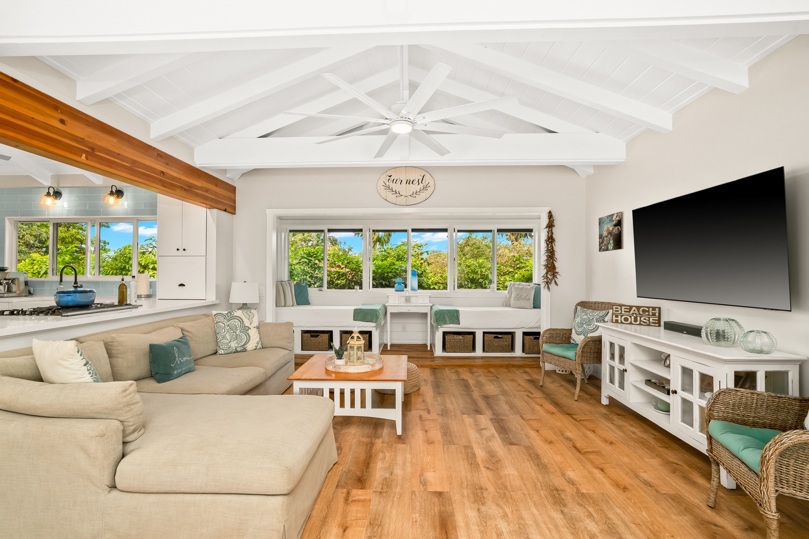 Princeville Vacation Rentals, Ola Hou - Main House - Spacious and inviting open-concept living area designed for comfort and connection.