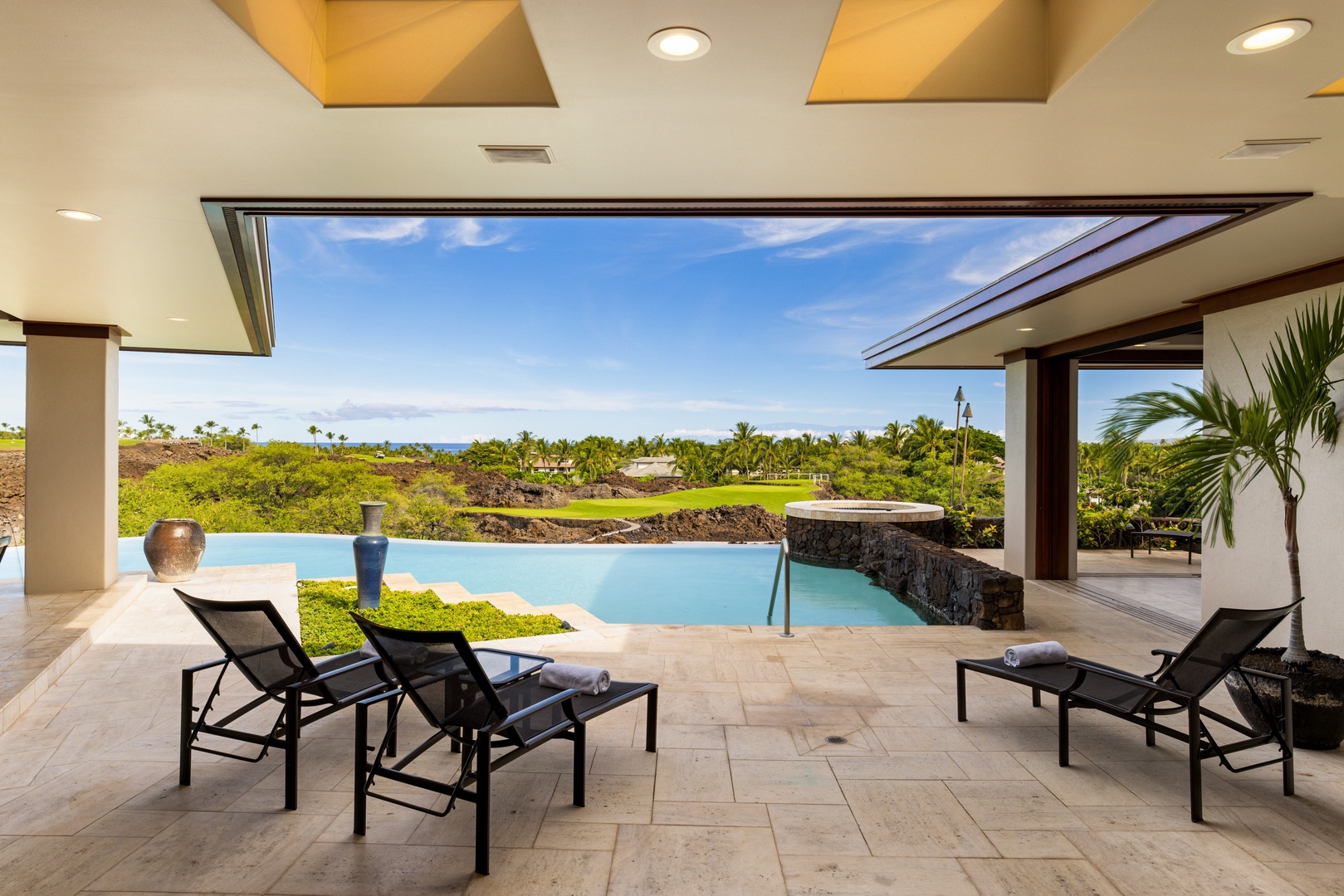 Kamuela Vacation Rentals, Champion Ridge 7 - Lounge poolside or soak in the elevated spa with panoramic views of the Pacific and Mauna Lani fairways.