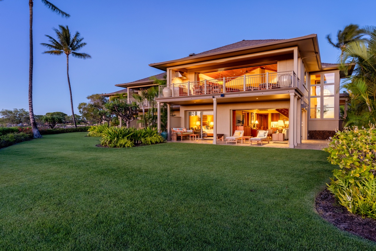 Kailua Kona Vacation Rentals, 3BD Ke Alaula Villa (210A) at Four Seasons Resort at Hualalai - View of the back of the home and yard at sunset.