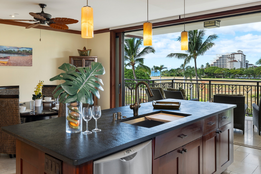 Kapolei Vacation Rentals, Ko Olina Beach Villas O414 - Kitchen island/bar for quick meals or cheers.