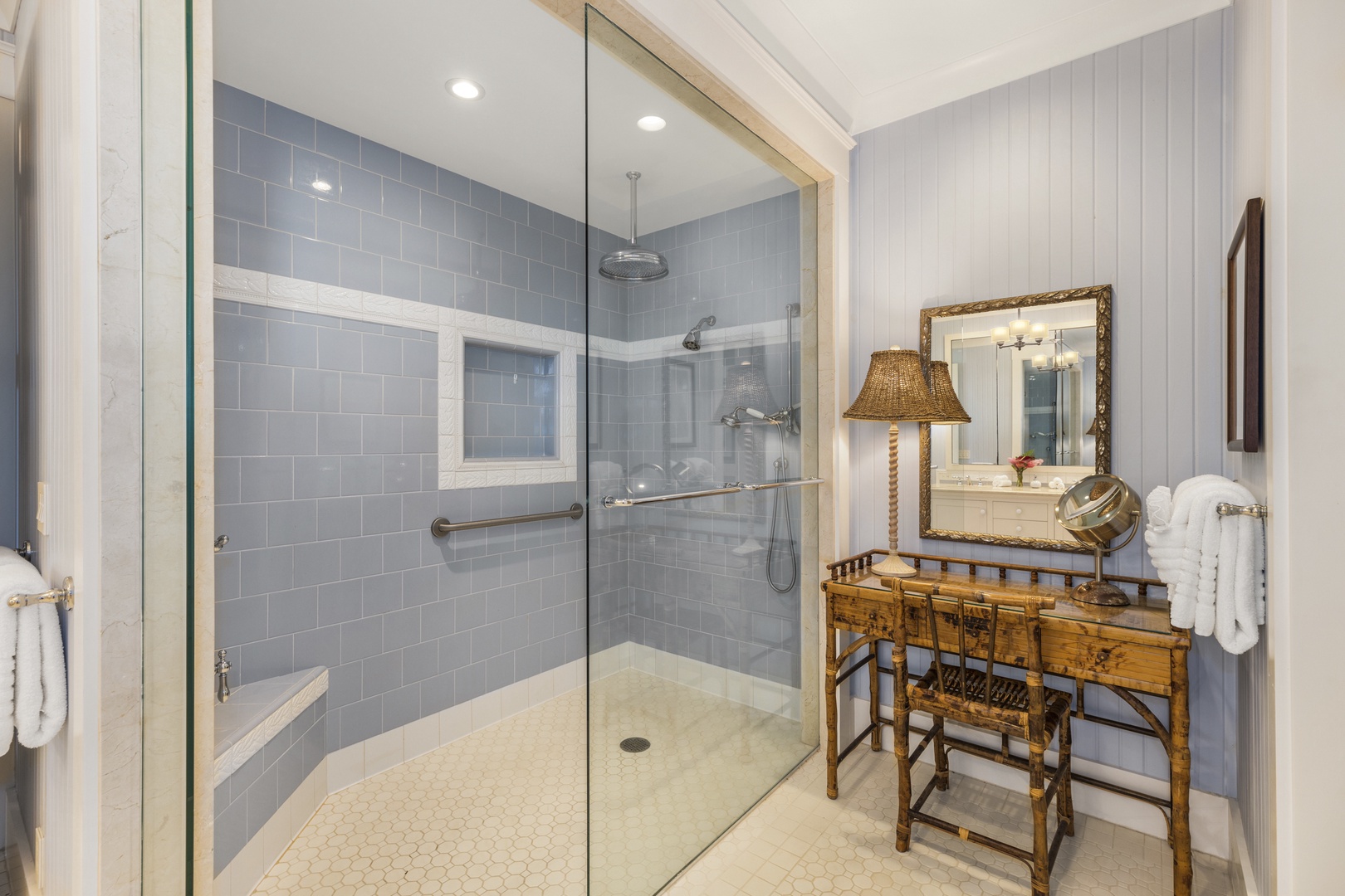 Honolulu Vacation Rentals, Kahala Beachside Estate - Walk-in shower with three showerhead options: rainfall, wall, or handheld