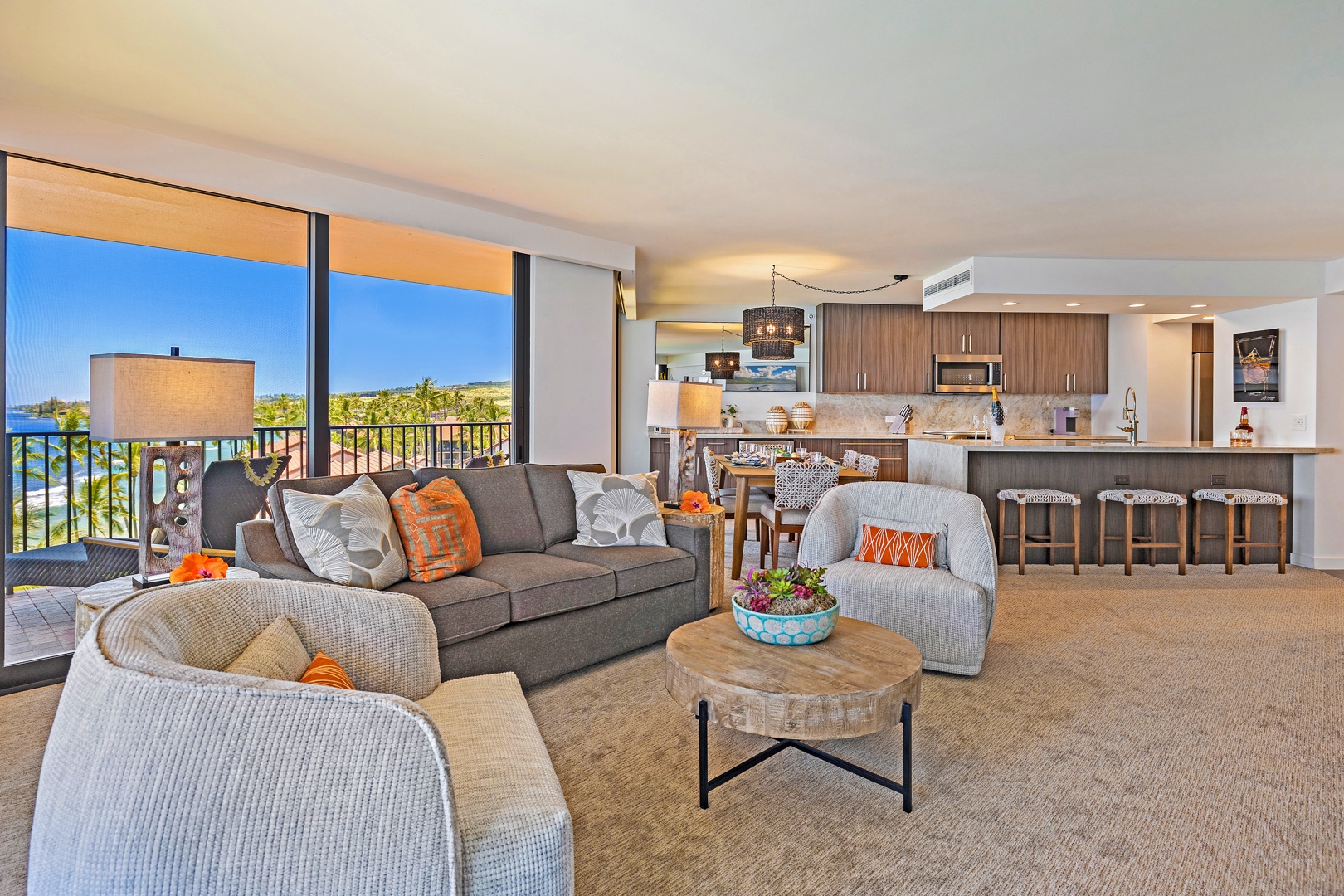 Lahaina Vacation Rentals, Kaanapali Shores 702 - Relax in this inviting open-concept living space, with comfortable seating and direct access to the kitchen and dining area.