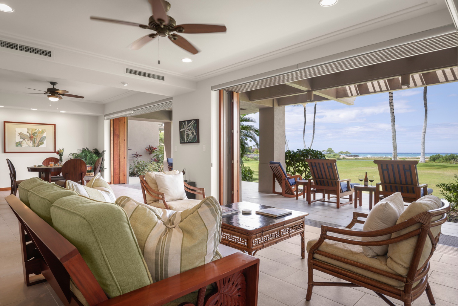 Kailua Kona Vacation Rentals, 3BD Golf Villa (3101) at Four Seasons Resort at Hualalai - Multiple seating areas in great room with recessed ceilings and gorgeous natural light.