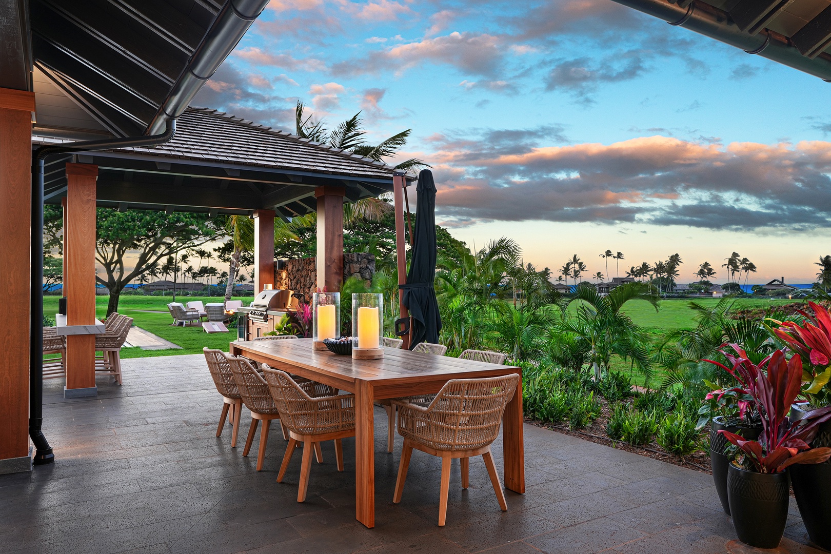 Koloa Vacation Rentals, Hale Pakika at Kukui'ula - Al fresco dining on the patio at sunset is the perfect time to recap the island day's exploration.