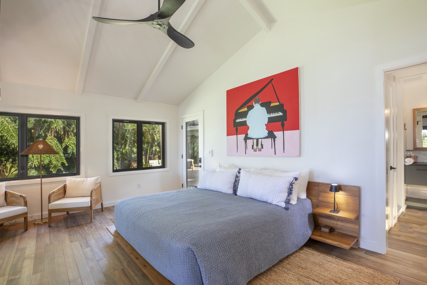 Kamuela Vacation Rentals, Hui Pu - Bright and spacious primary bedroom with modern decor and large windows offering natural light.