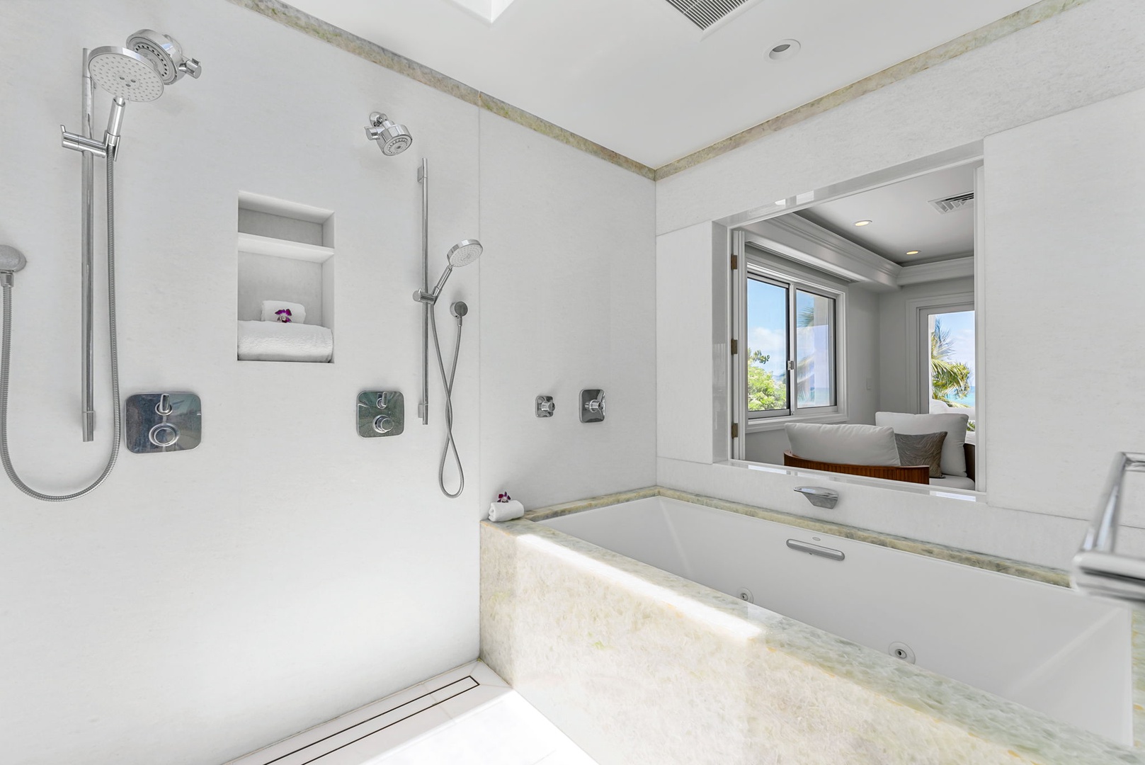 Kailua Vacation Rentals, Lanikai Sunrise Estate - Luxurious ensuite with marble finishes and a rain shower, designed for rejuvenation and privacy.