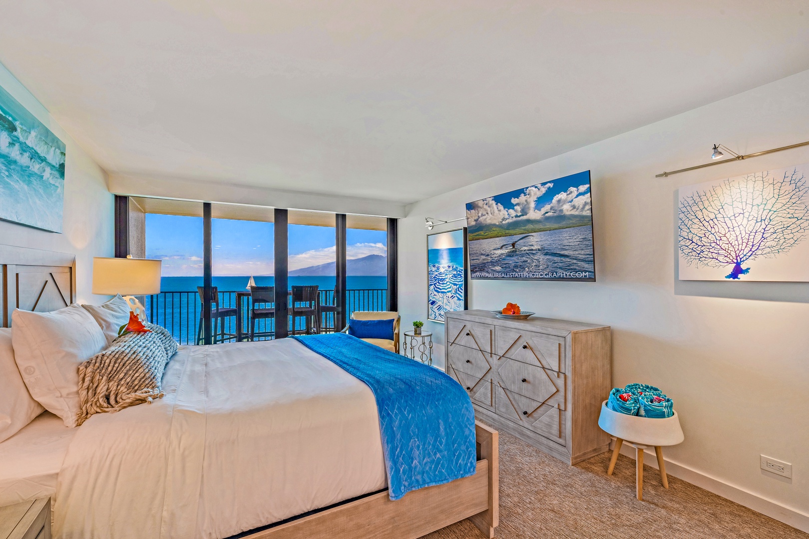 Lahaina Vacation Rentals, Kaanapali Shores 702 - Wake up to panoramic ocean views from the comfort of your bed in this serene primary suite.