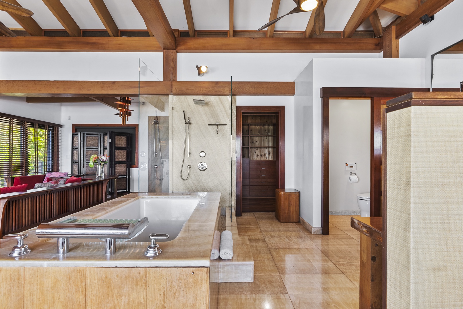 Haleiwa Vacation Rentals, Samurai House - Luxurious bathroom with a soaking tub and natural light.