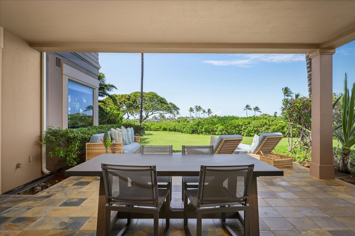 Kailua Kona Vacation Rentals, 2BD Fairways Villa (120C) at Four Seasons Resort at Hualalai - Exterior dining table for al fresco meals and conversation.