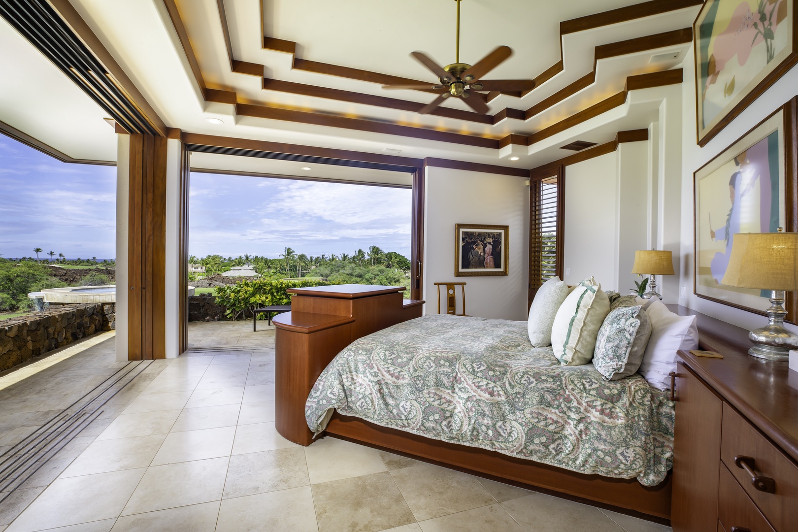 Kamuela Vacation Rentals, Champion Ridge 7 - Your luxurious master bedroom opens to stunning tropical views, where you'll wake to paradise beyond floor-to-ceiling windows and unwind in elegant comfort.