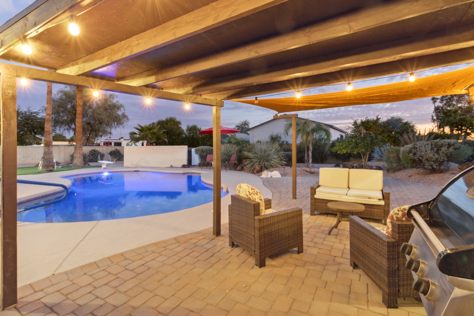 Scottsdale Vacation Rentals, OFB Thunderbird Retreat - Covered patio with twinkling lights to make every night a cozy and romantic one