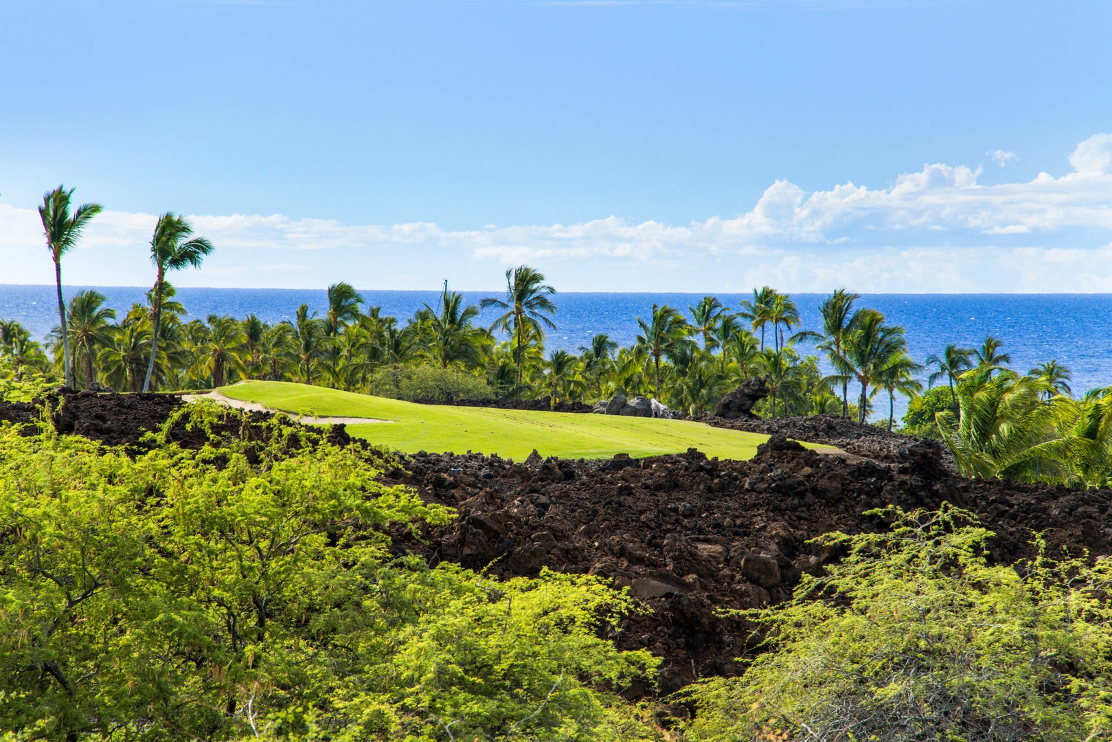 Kamuela Vacation Rentals, Champion Ridge 7 - Unwind with a fairway view framed by lava rock and palm-dotted coastline.