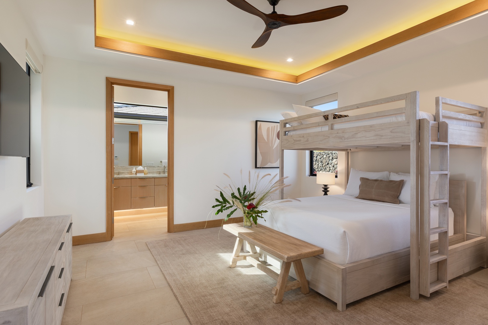 Kamuela Vacation Rentals, 5BD Mauna Lani Lux Ocean Estate (OE12) at One Ocean - Your stylish bunk bed room offers comfort for the whole family, with warm lighting and modern amenities to make your stay memorable.