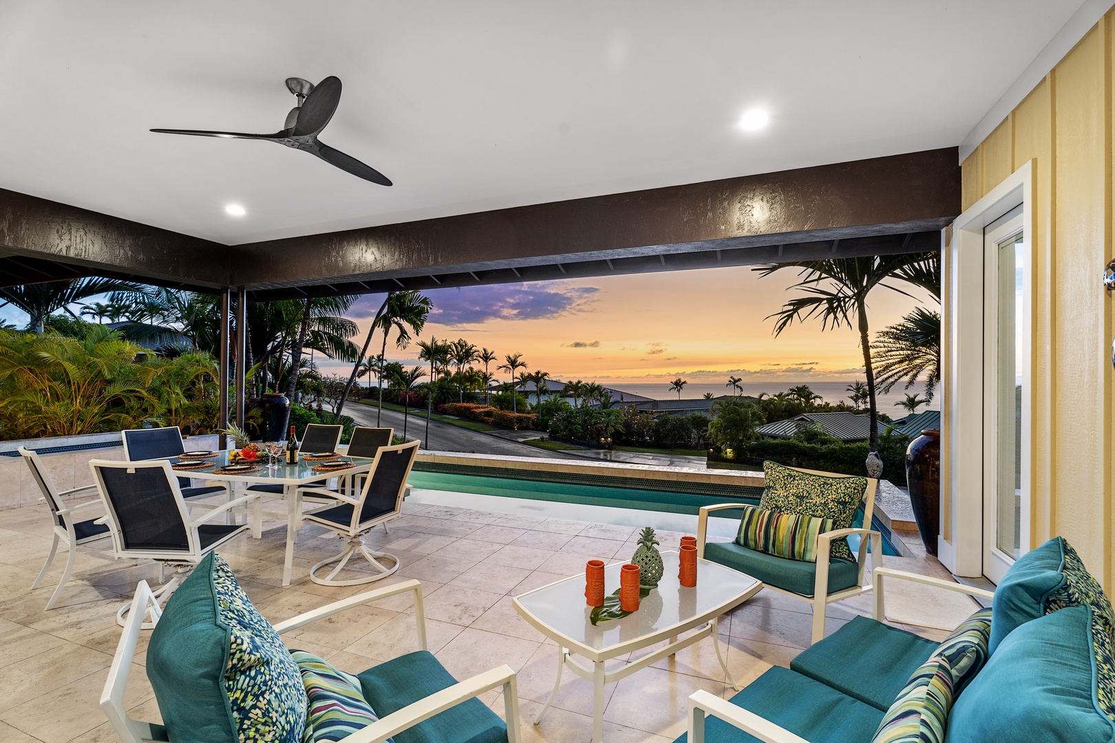 Kailua Kona Vacation Rentals, Ohana le'ale'a - Soak in the hot tub as the sun sets over the ocean horizon.