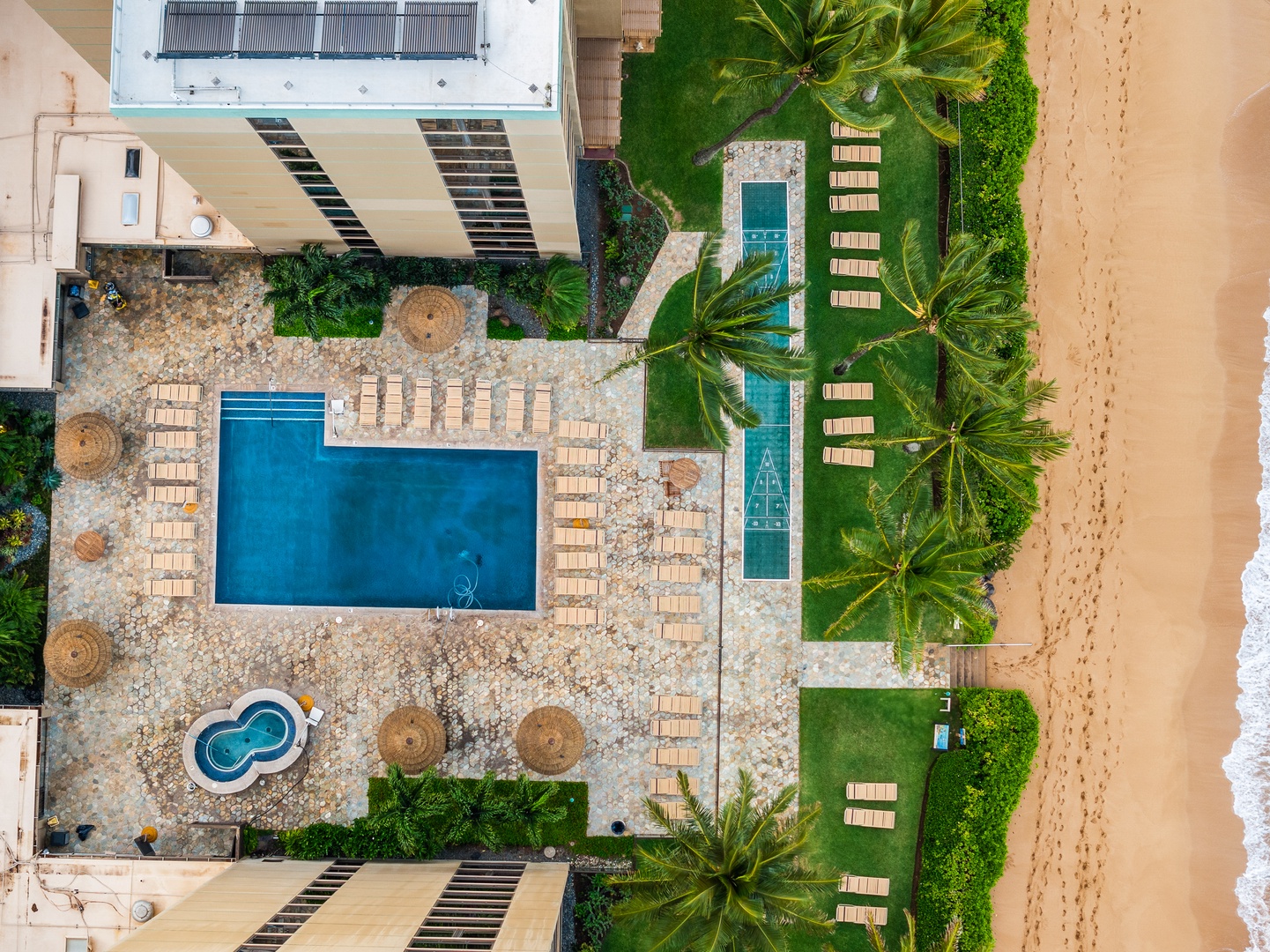 Lahaina Vacation Rentals, Mahana 1118 - Aerial view of Mahana Resort 1118's oceanfront pool.