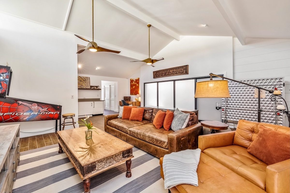 Kailua Vacation Rentals, Hale Ohana - The living area opens up to the bar and workspace.
