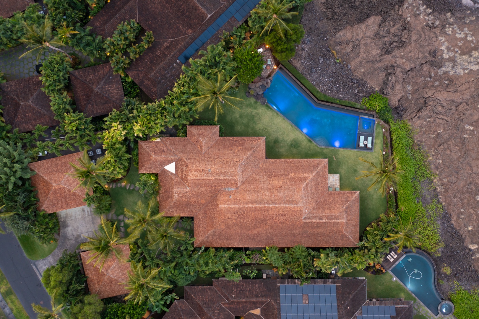 Kailua Kona Vacation Rentals, 5BD Ke Alaula Estate (144) at Hualalai Resort - Bird’s-eye view of the estate showcasing its prime lot and lush landscaping.