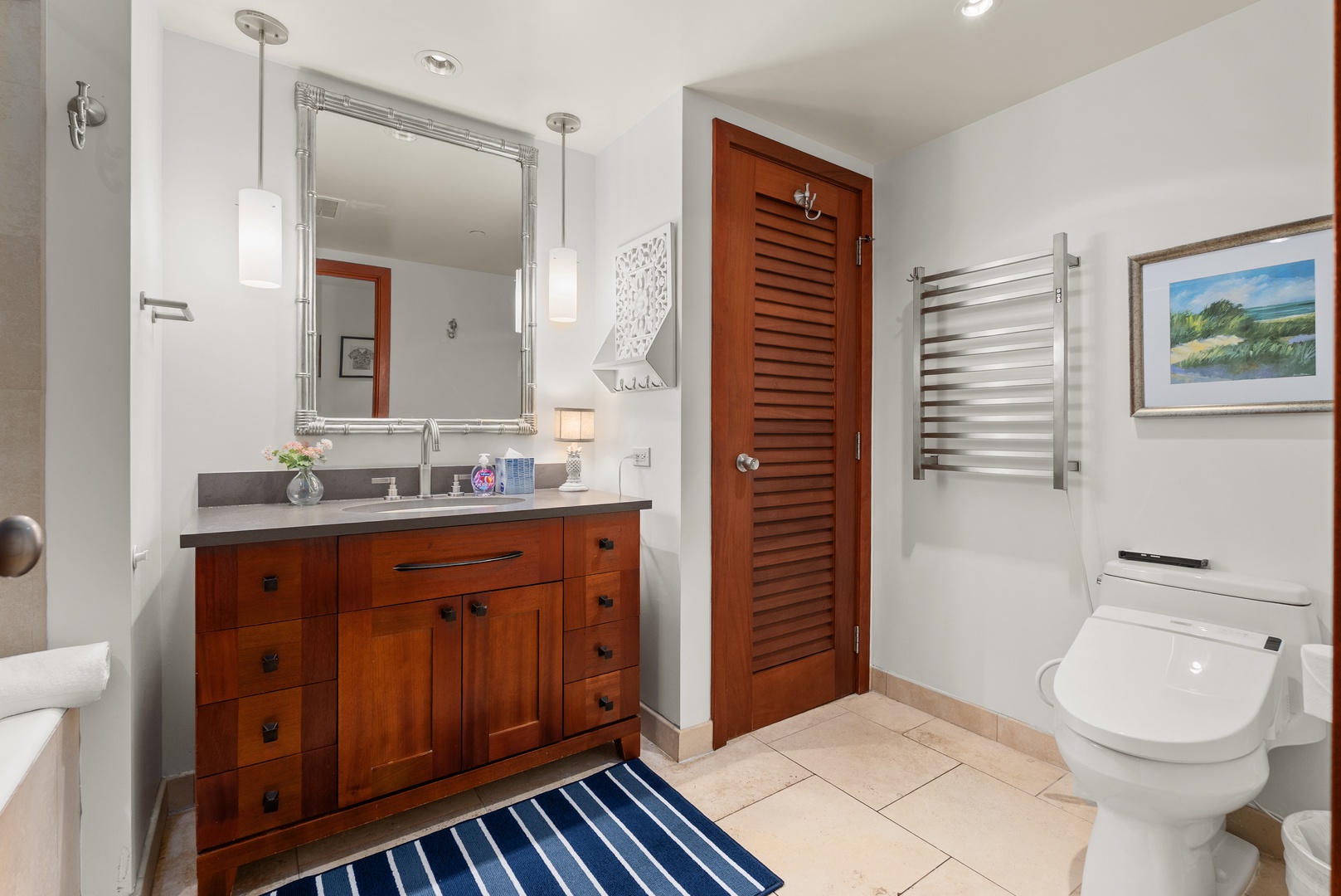 A warm towel off the rack and a quiet bath to yourself before heading out.