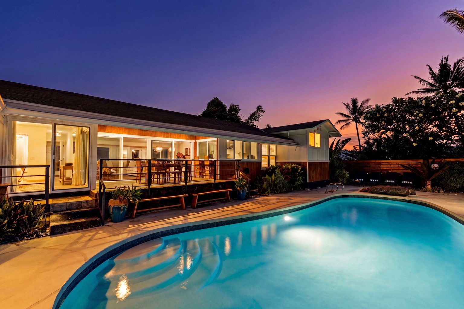Kailua Kona Vacation Rentals, Manukai Hale - The pool glows blue against a violet Kona sky, the kind of evening you slow down for.