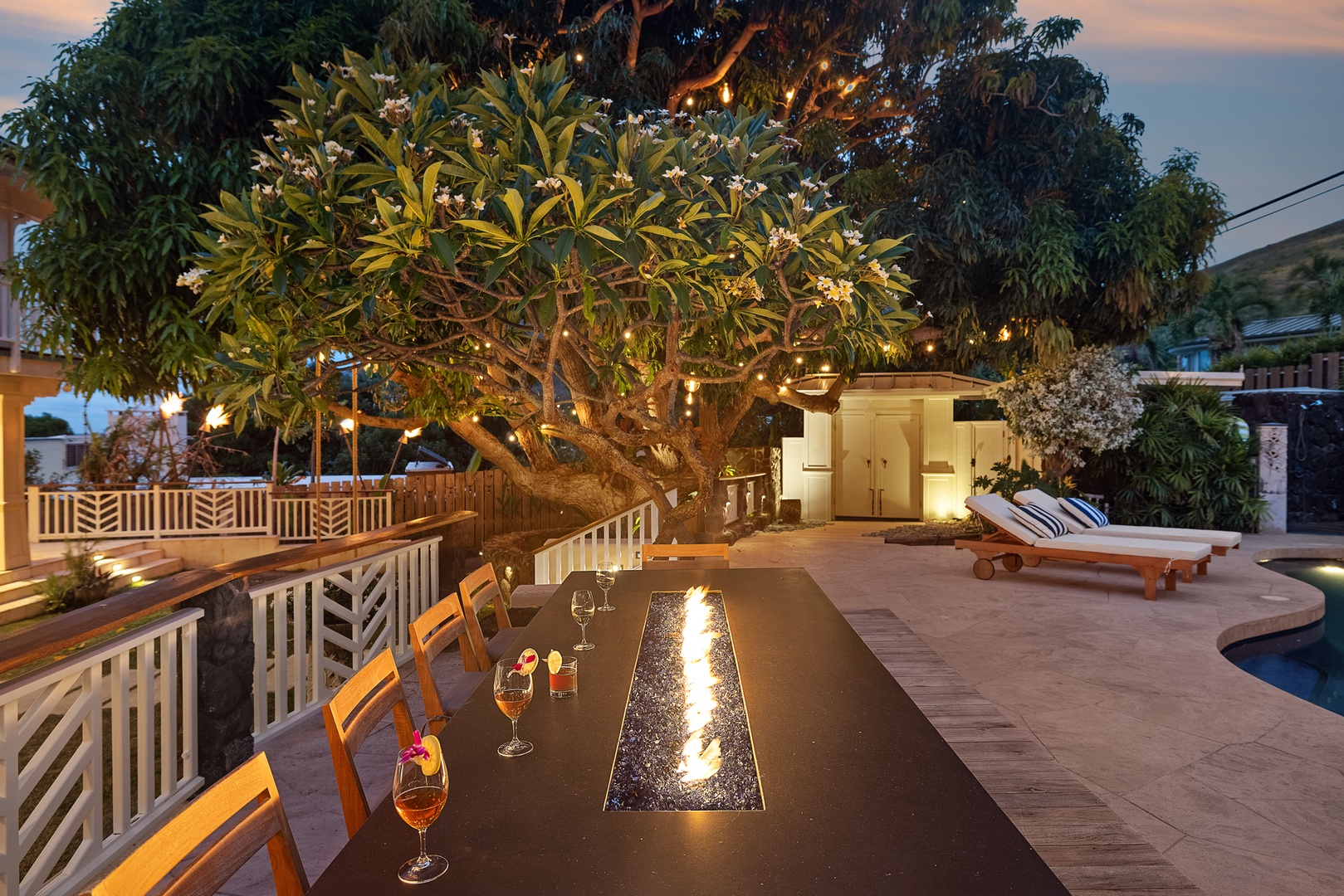 Kailua Vacation Rentals, Lanikai Valhalla - Poolside Dining Table with Fire