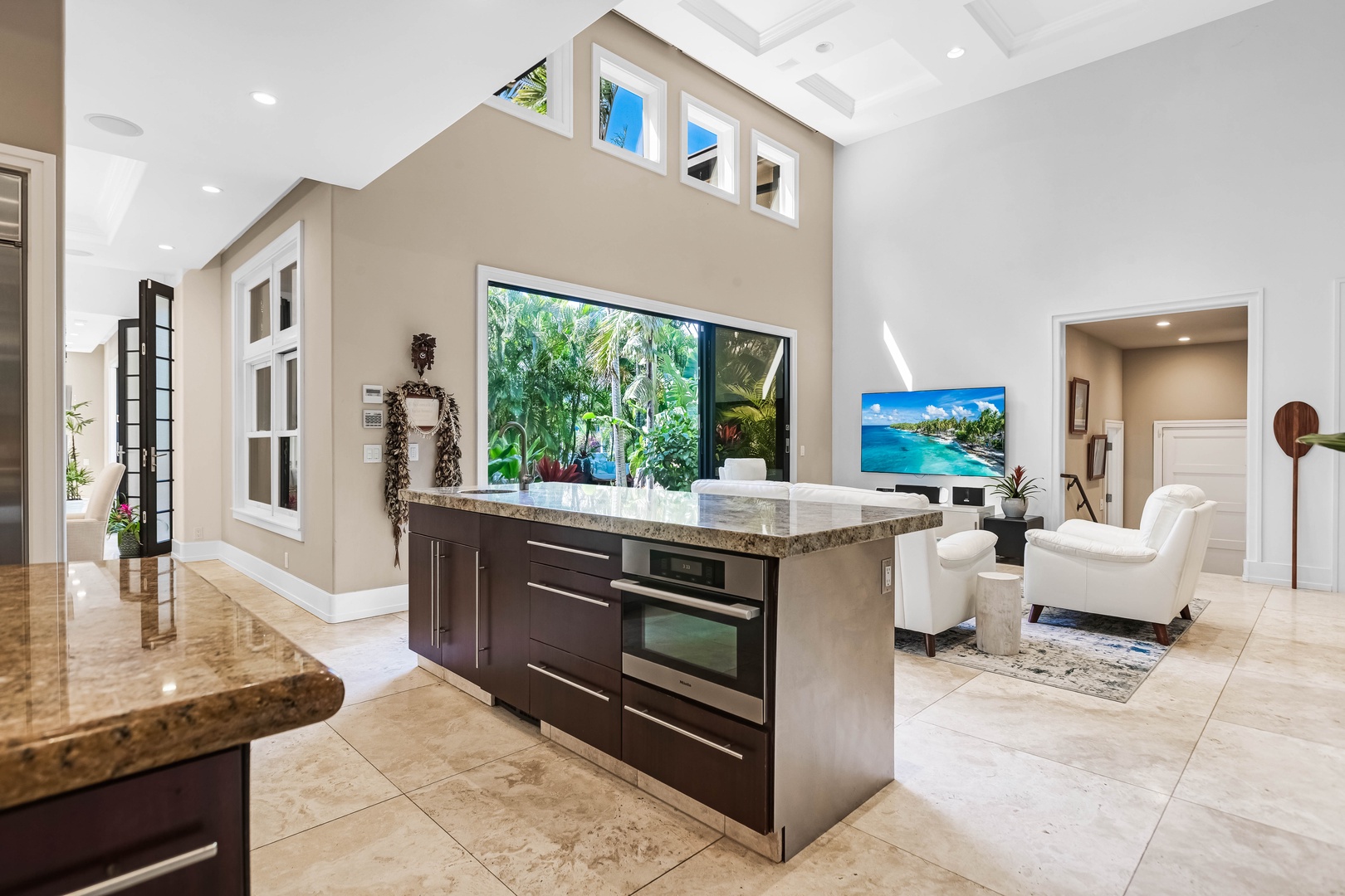 Honolulu Vacation Rentals, Pili Pono - Gourmet kitchen with oversized island and garden views.