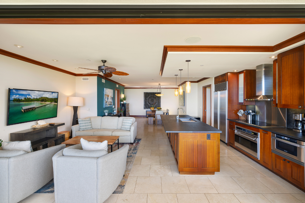 Kapolei Vacation Rentals, Ko Olina Beach Villas B109 - Modern and spacious open-plan kitchen and living area, perfect for cooking and socializing.