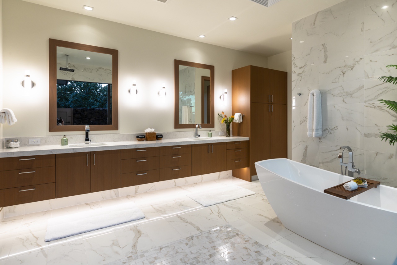 Kailua Kona Vacation Rentals, 4BR Luxury Puka Pa Estate (1201) at Four Seasons Resort at Hualalai - The luxury primary ensuite provides spa experience with custom dual vanity, and soaking tub.