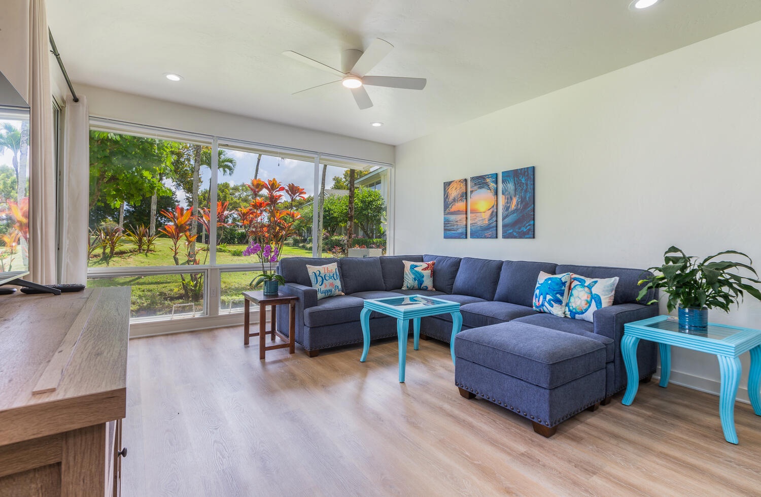 Princeville Vacation Rentals, Emmalani Court 414 - Easy access to the lanai and golf course views from the living area