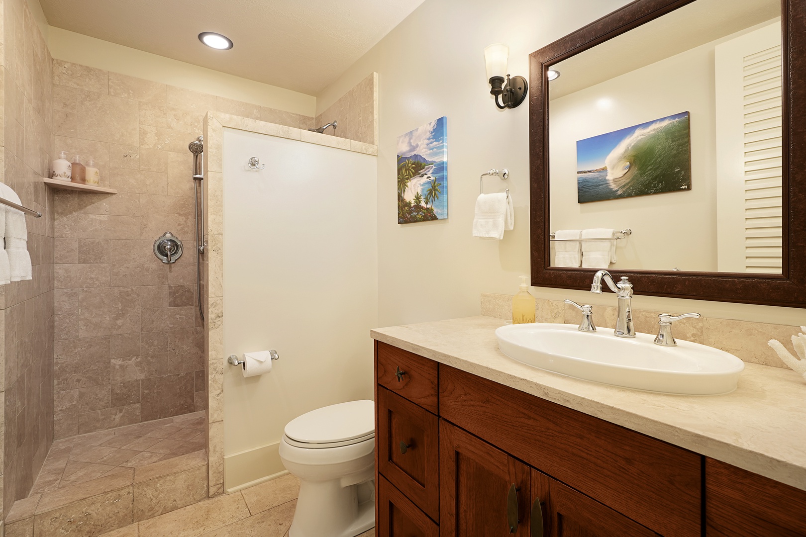 Koloa Vacation Rentals, Villas at Poipu Kai B111 - Guest bathroom with a walk-in shower, perfect for a refreshing start to your day.