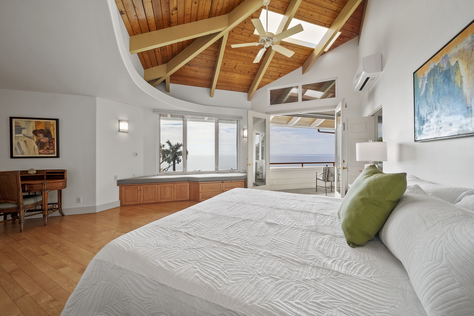Haleiwa Vacation Rentals, Ka Hale Hau'oli - Your primary suite features soaring vaulted ceilings and breathtaking ocean views from your private balcony.