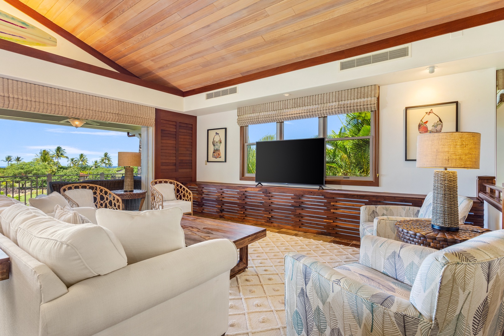 Kailua Kona Vacation Rentals, OFB 3BD Ka'Ulu Villa (129D) at Four Seasons Resort at Hualalai - Closer angle on chic and comfortable living area seating with flat screen television.