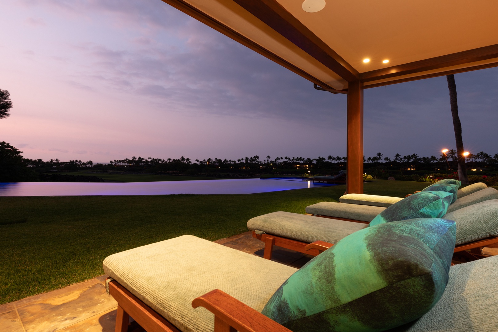Kailua Kona Vacation Rentals, 5BD Ke Alaula Estate (144) at Hualalai Resort - Cozy loungers under the covered lanai, perfect for sunset watching.