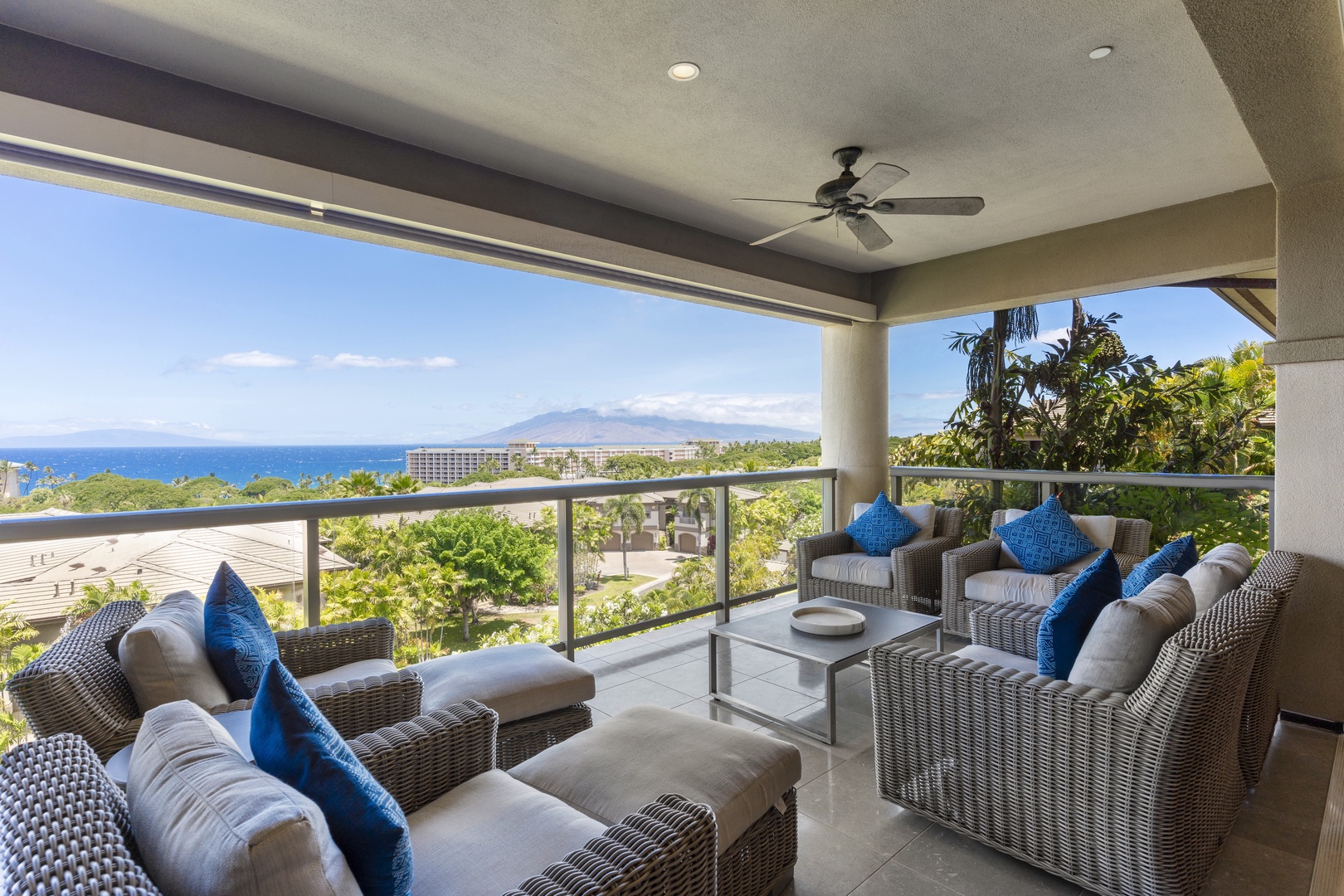 Wailea Vacation Rentals, Wailea Luxury Residence Hoolei 23-3 - Relax on the spacious lanai, where plush seating and panoramic ocean views create the perfect spot for morning coffee or evening sunsets.