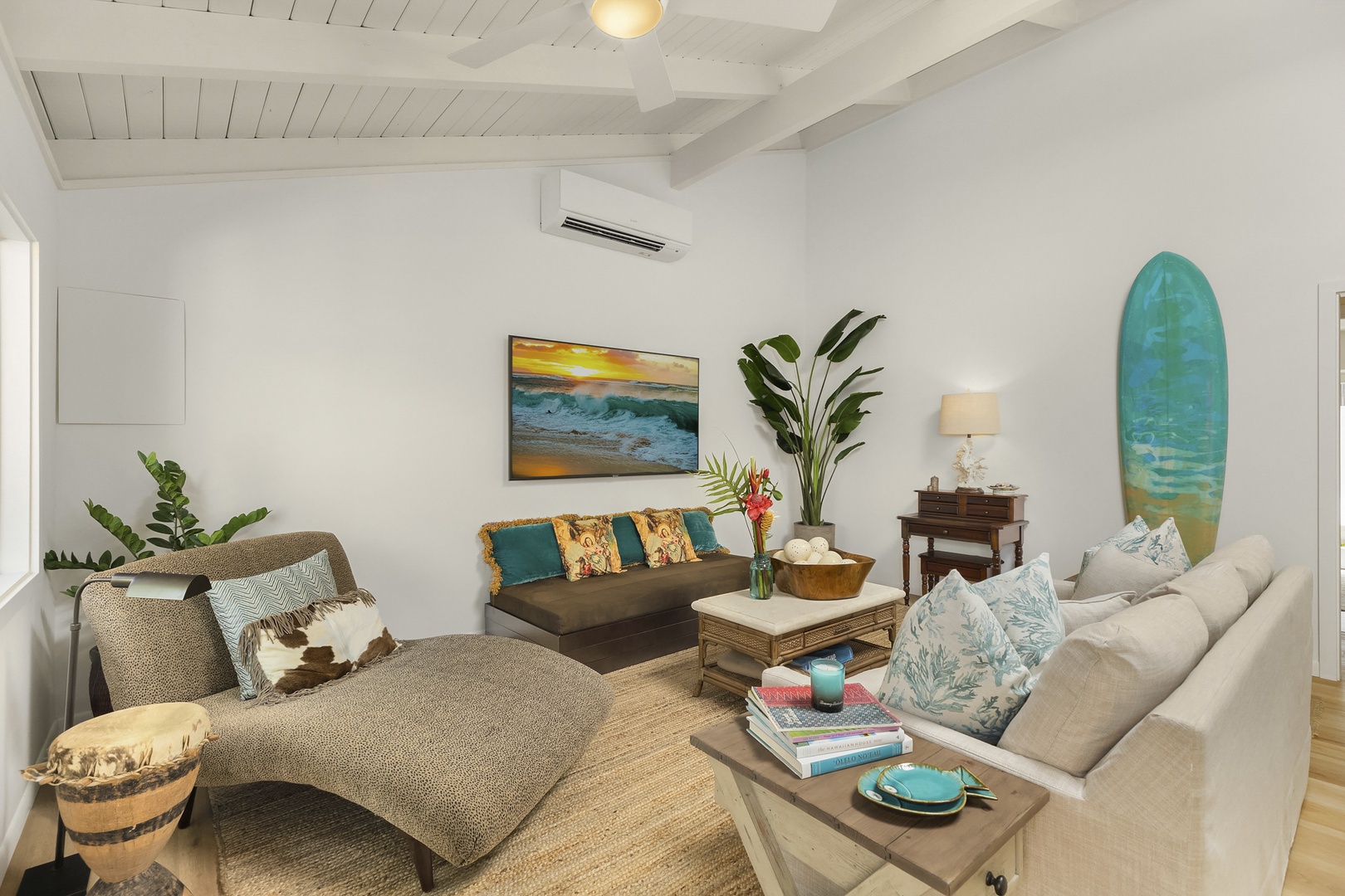 Kailua Vacation Rentals, Ranch Beach House - Living room features, stylish furnishings, Split A/C and large flatscreen TV