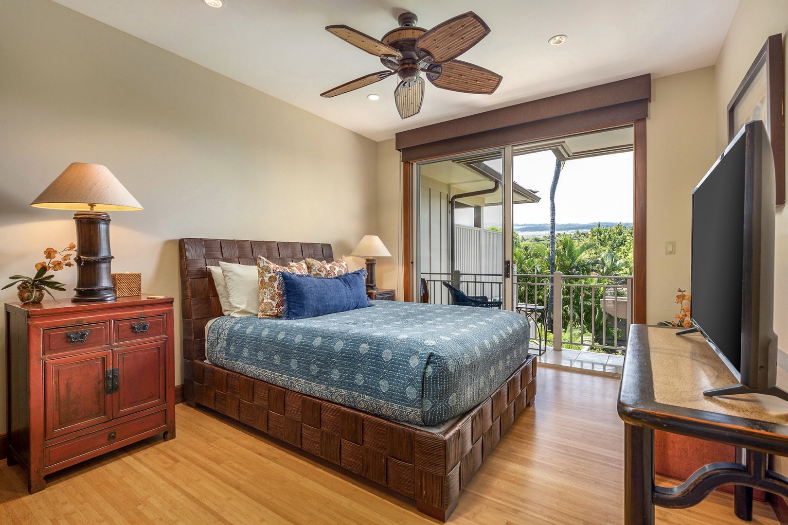 Kailua Kona Vacation Rentals, 3BD Ka'Ulu Villa (131C) at Four Seasons Resort at Hualalai - Upstairs guest room with queen bed, flat screen TV, balcony and adjacent bath.