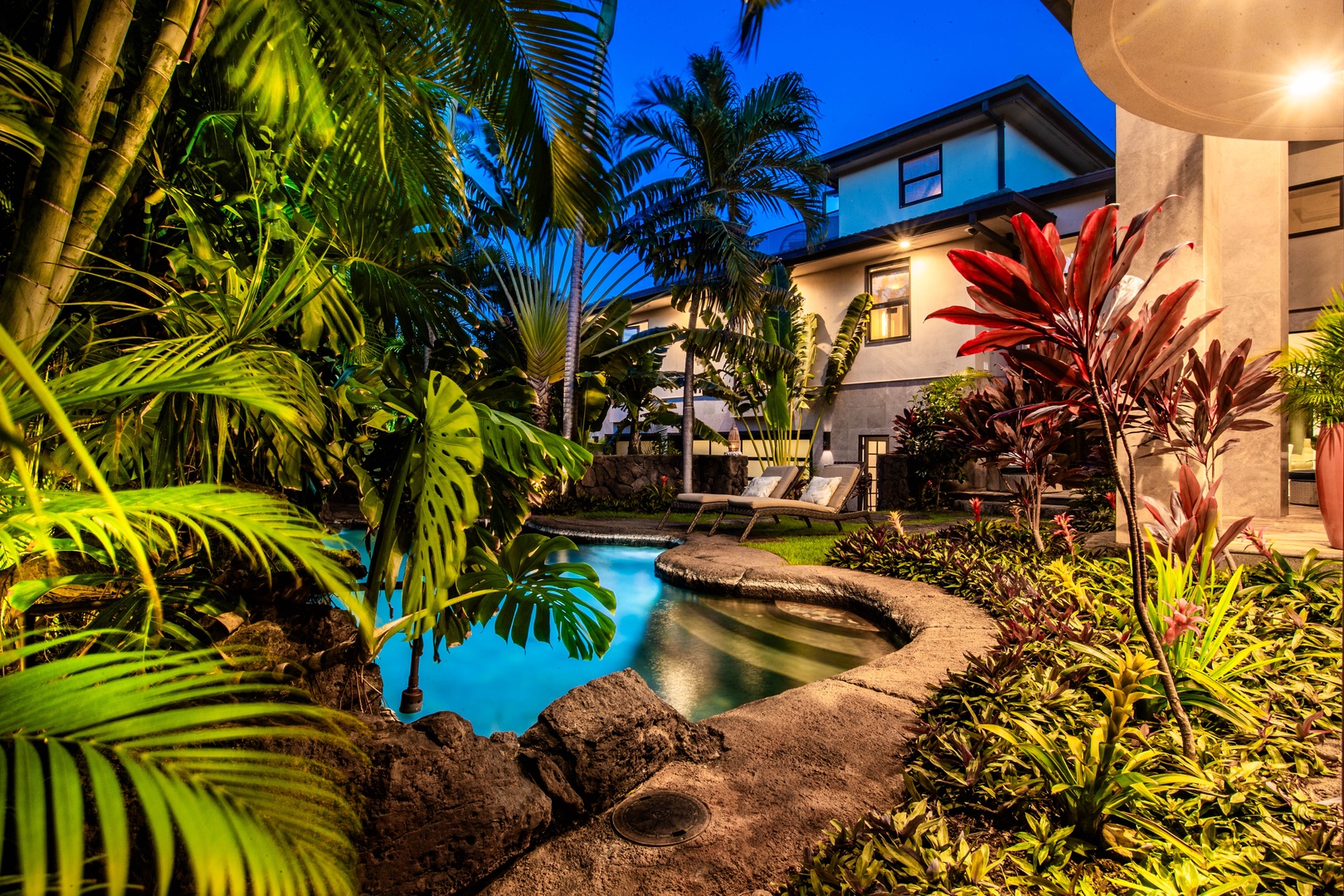 Honolulu Vacation Rentals, Pili Pono - Twilight garden path leading to luxury and seclusion.