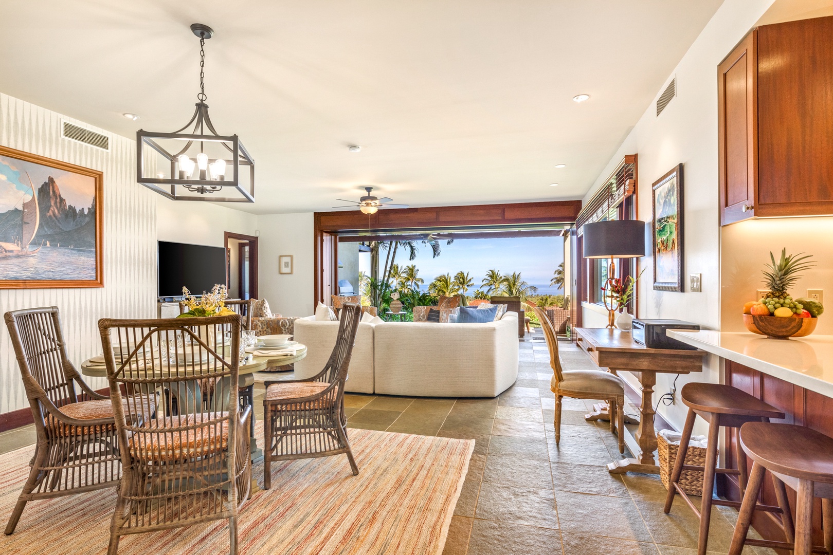 Kailua Kona Vacation Rentals, 3BD Hainoa Villa (2907C) at Four Seasons Resort at Hualalai - Wide view of the gorgeous open concept great room with floor to ceiling pocket doors that open completely to the lanai.