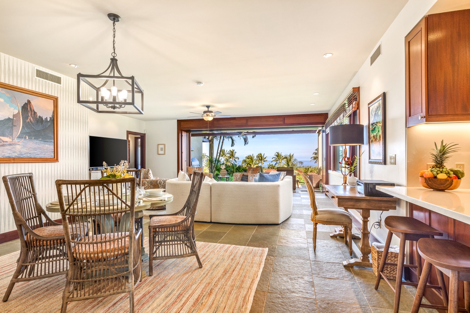 Kailua Kona Vacation Rentals, 3BD Hainoa Villa (2907C) at Hualalai Resort - Wide view of the gorgeous open concept great room with floor to ceiling pocket doors that open completely to the lanai.