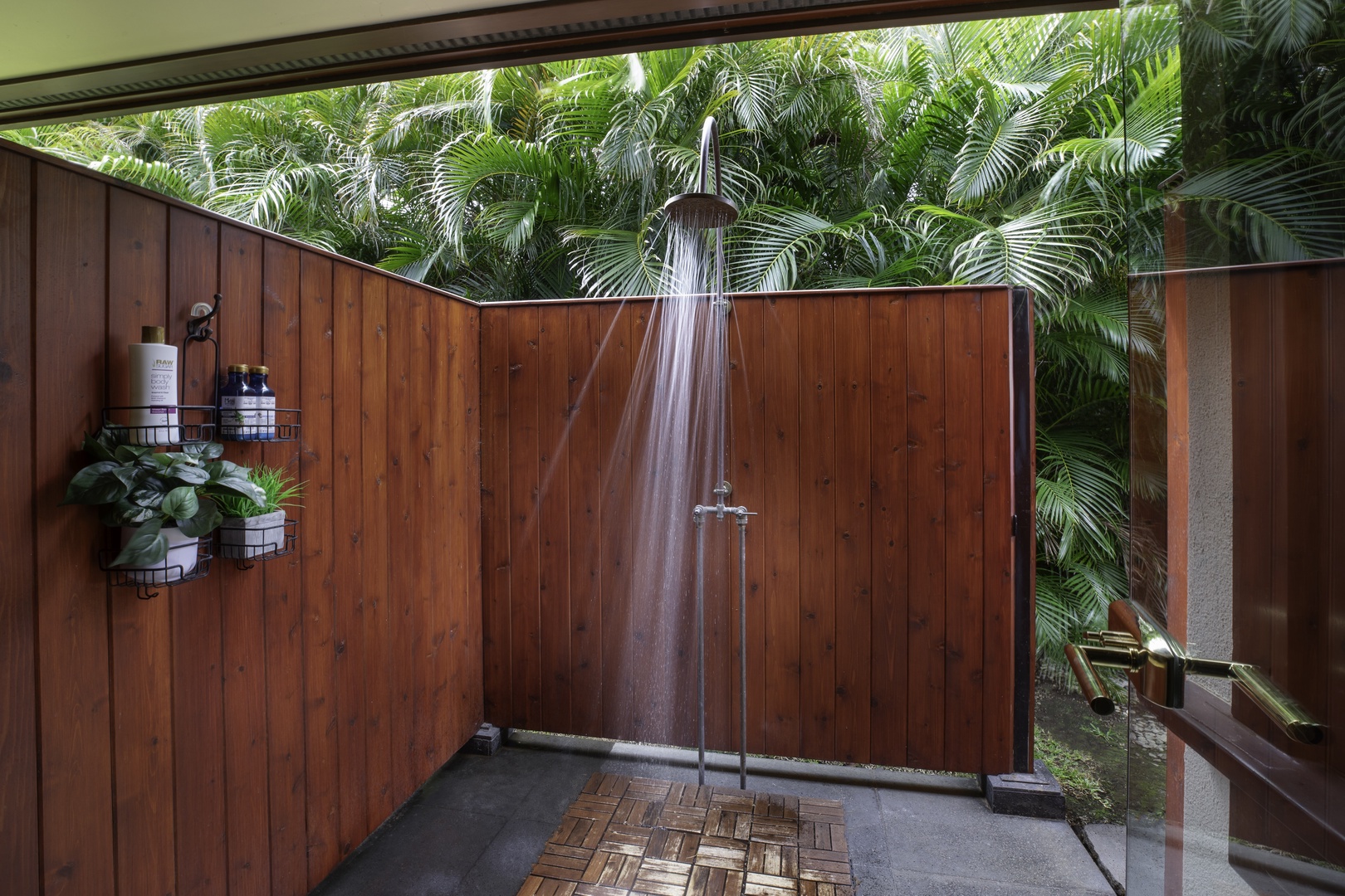 Kamuela Vacation Rentals, Champion Ridge 7 - Rinse away the day in your private outdoor shower, surrounded by tropical palms and warm wooden walls for ultimate relaxation.