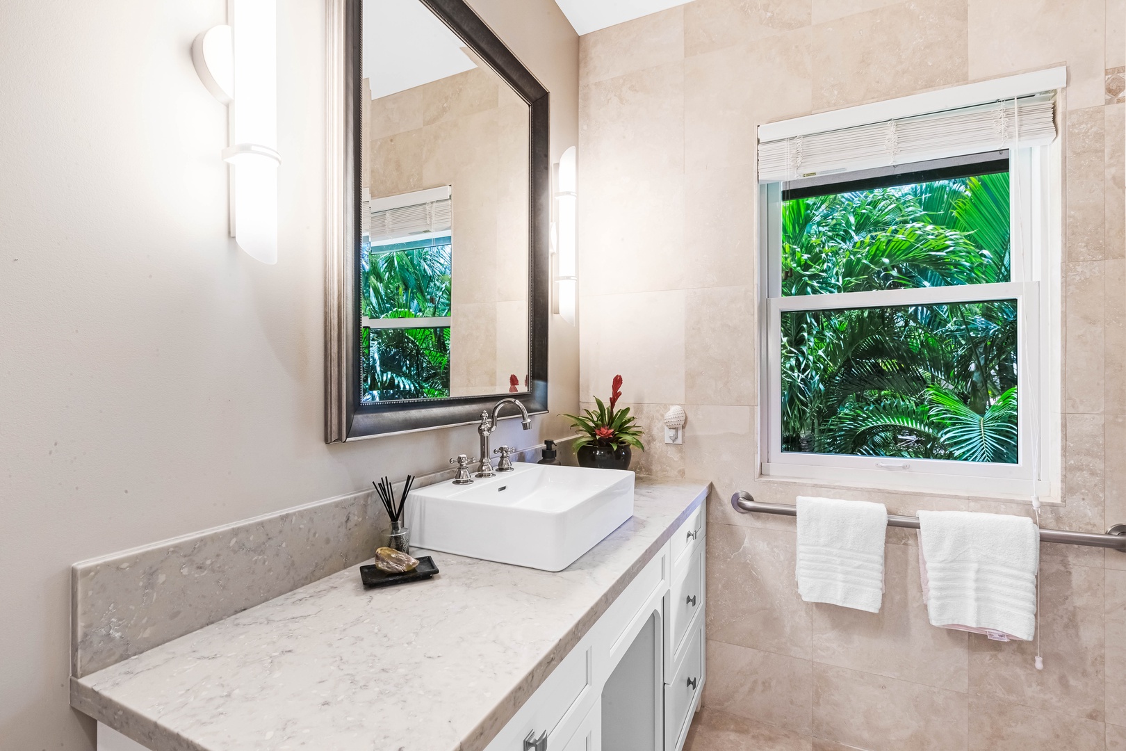 Honolulu Vacation Rentals, Pili Pono - Elegant en-suite vanity with tropical views and granite countertop.