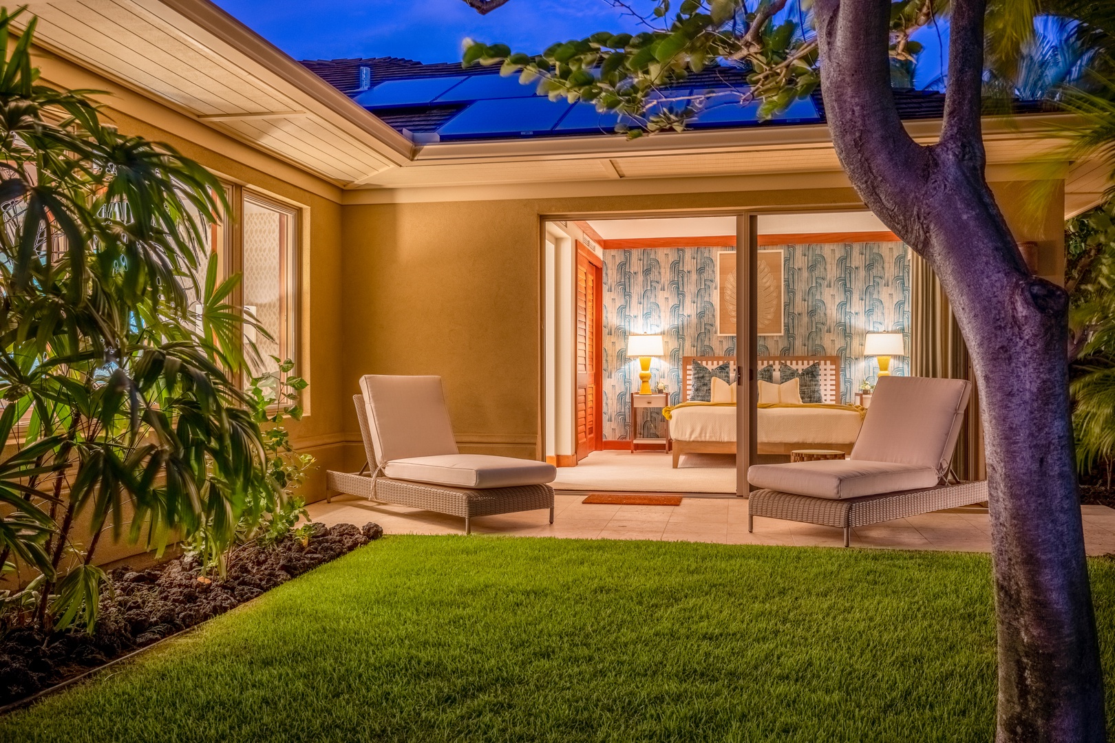 Kailua Kona Vacation Rentals, 4BD Hainoa Estate (122) at Hualalai Resort - Guest Room 2 lanai and bedroom at twilight.