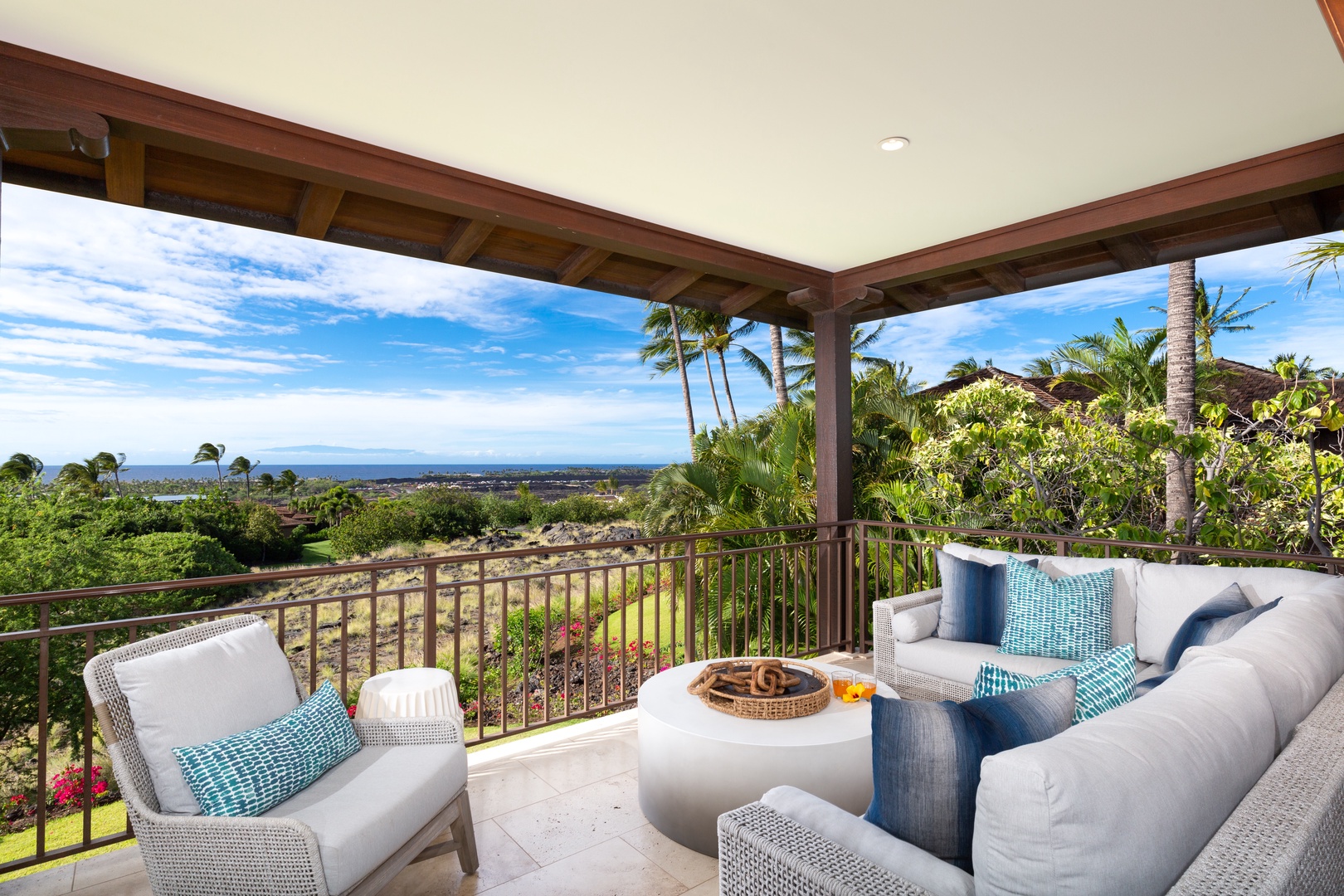 Kailua-Kona Vacation Rentals, 3BD Hali'ipua Villa (120) at Four Seasons Resort at Hualalai - Detail of lanai seating, modern luxury inside and out