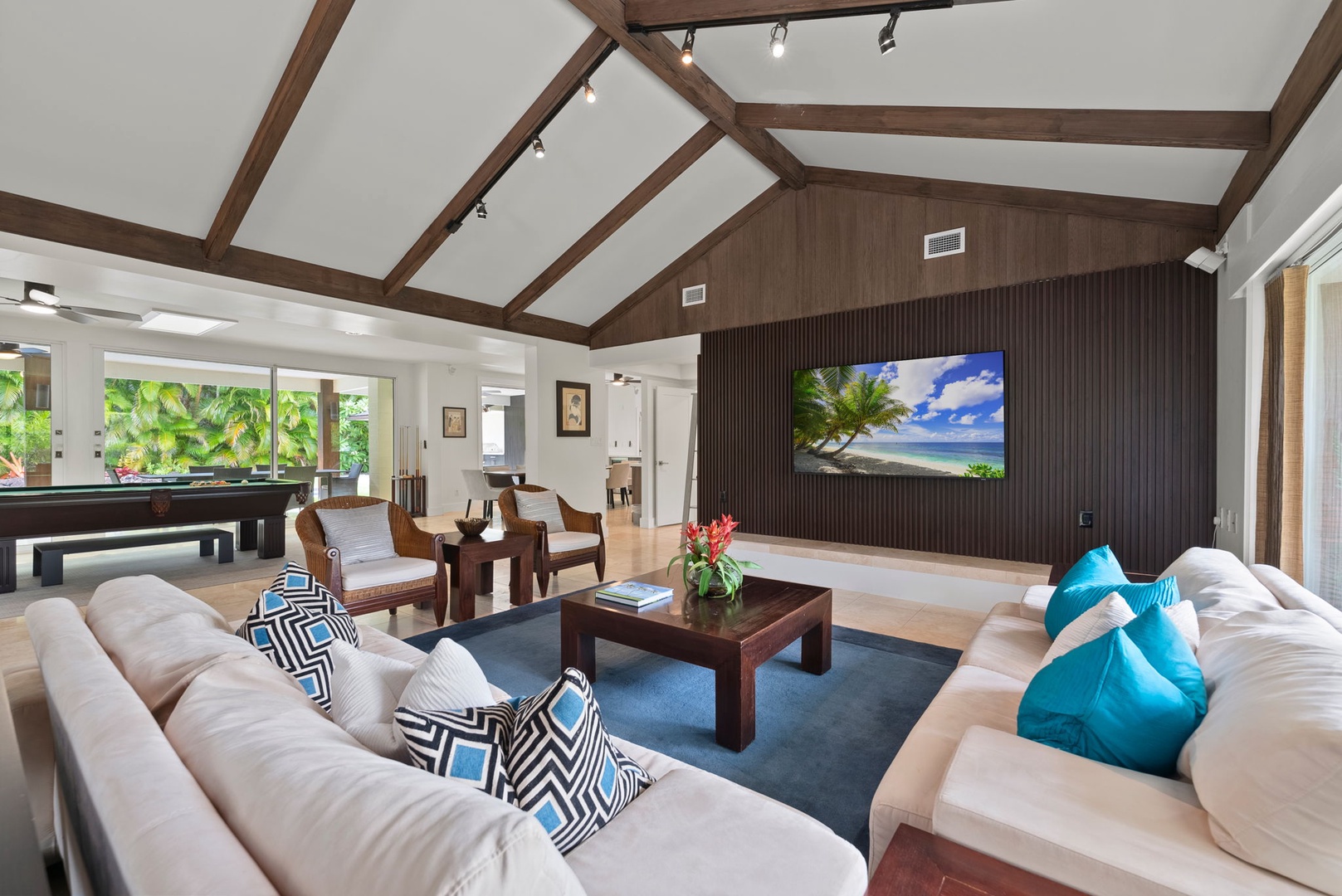 Honolulu Vacation Rentals, Kahala Lani - Vaulted great room with Balinese-inspired design, welcoming you into island-style comfort.
