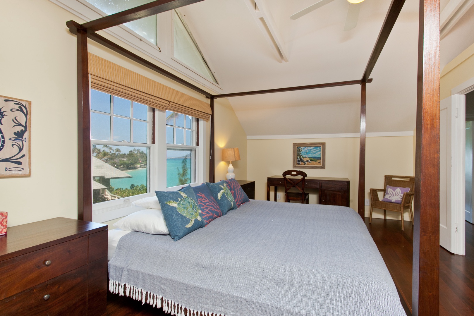 Kailua Vacation Rentals, Hale Mahina Lanikai* - Wake up to breathtaking views in our primary bedroom with four-poster king bed.