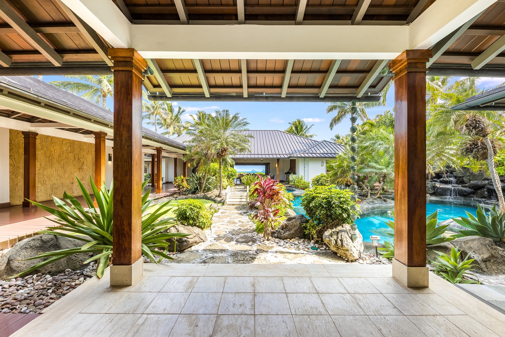 Kailua Vacation Rentals, Castle Point Estate - Zen-style covered walkway overlooking koi pond and tropical gardens.